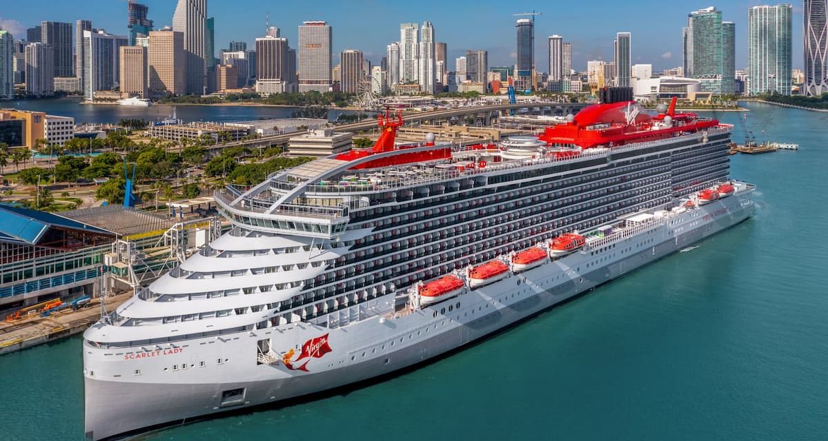 Virgin Voyages’ Scarlet Lady setting sail for the first time from its home in PortMiami